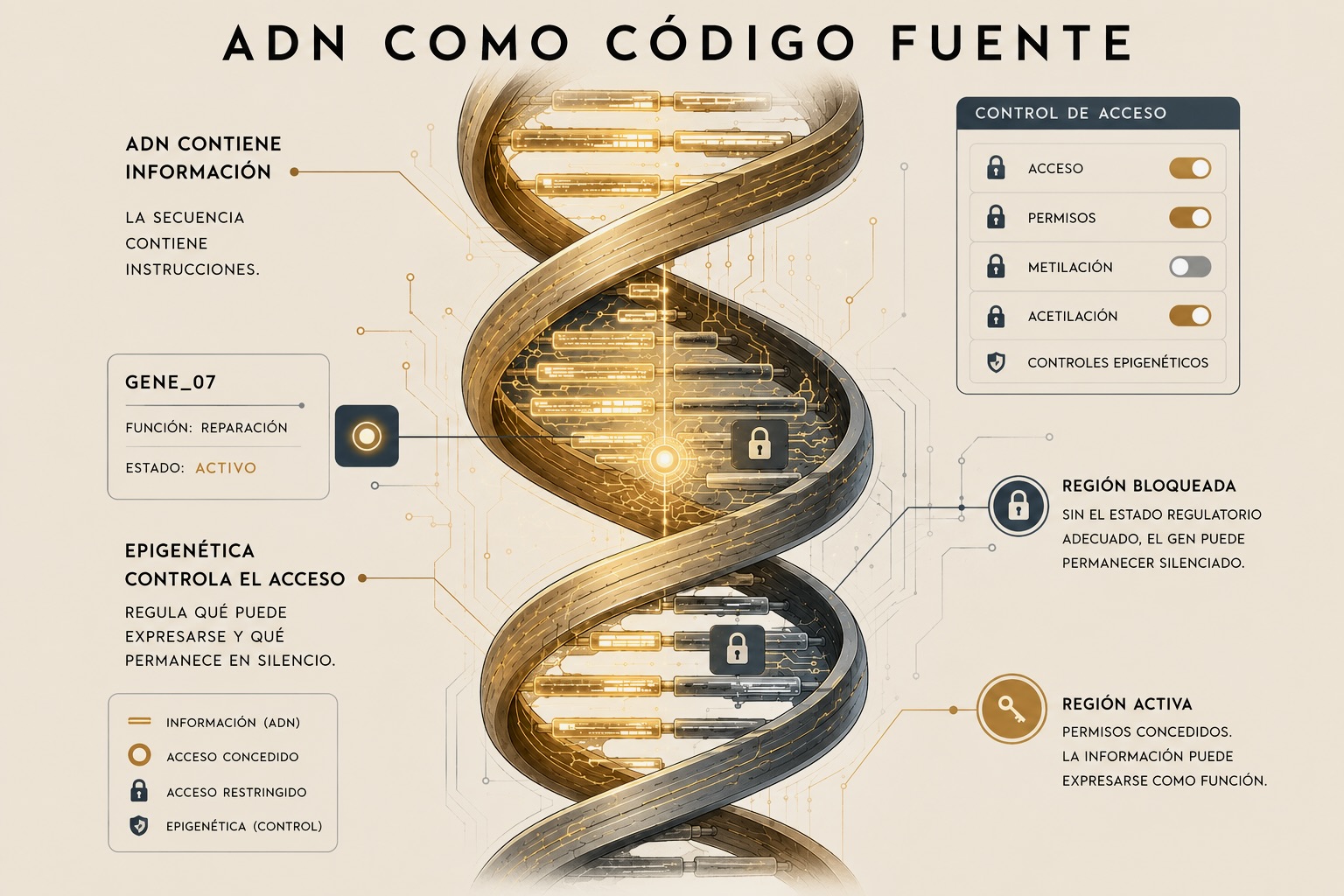 ADN representado como código fuente y la epigenética como un sistema de control de acceso