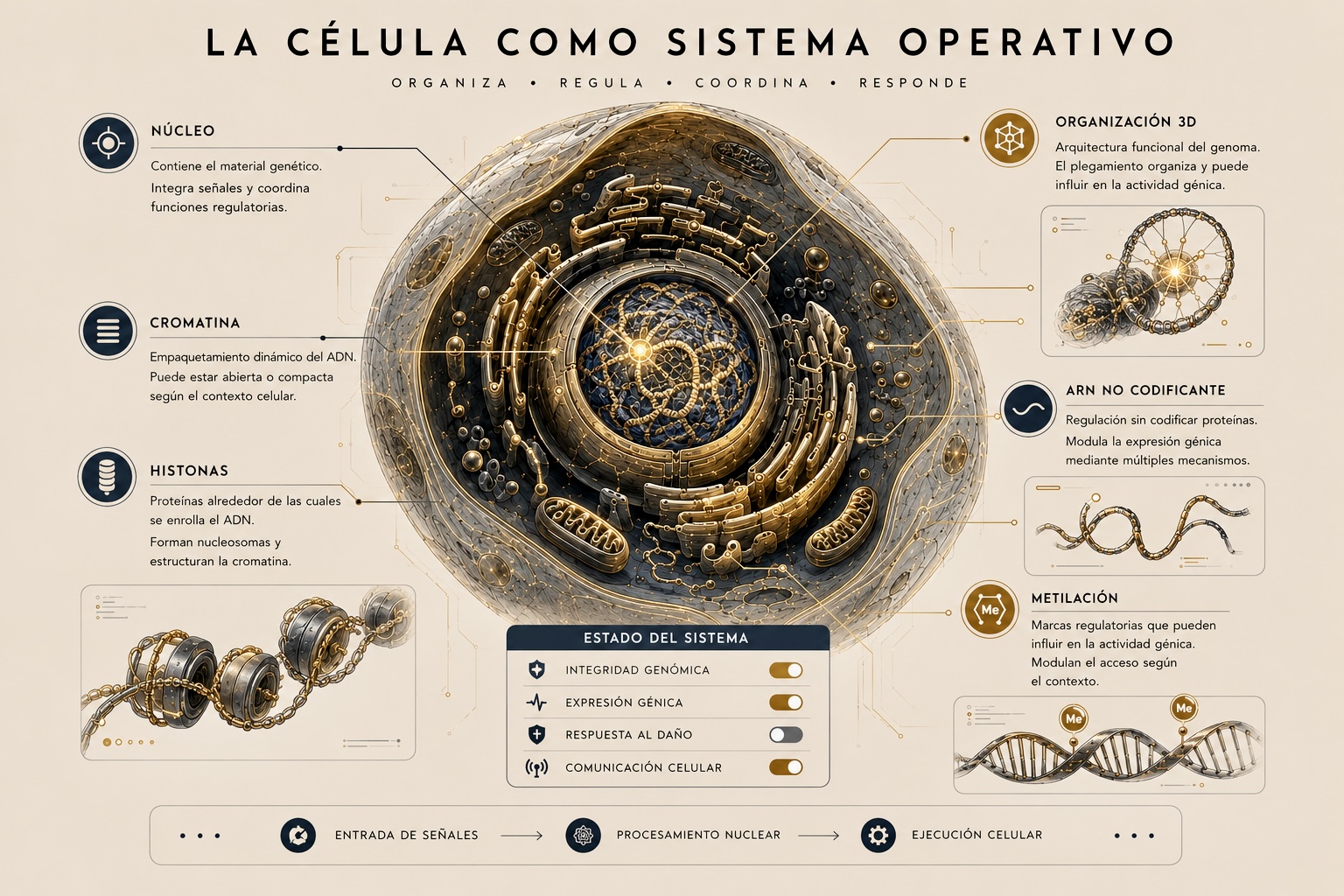 La célula como sistema operativo con núcleo, cromatina, histonas, metilación, ARN no codificante y organización tridimensional