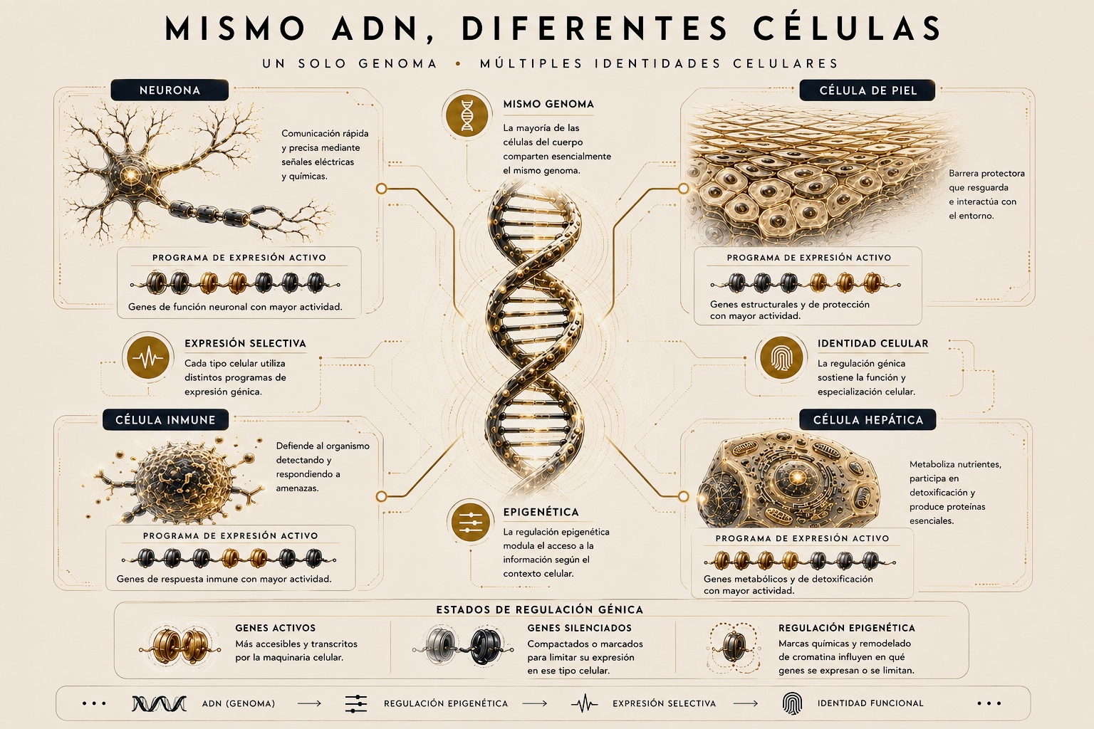 Una misma hebra de ADN da origen a una neurona, una célula de piel, una célula inmunitaria y una célula hepática