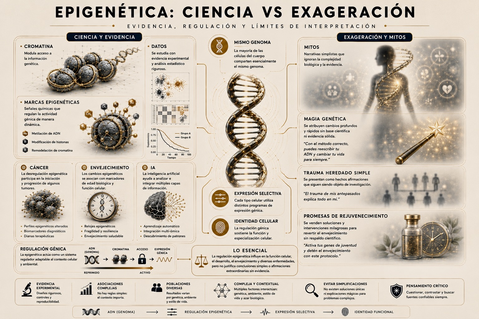 Comparación editorial entre la ciencia epigenética respaldada por evidencia y las exageraciones populares