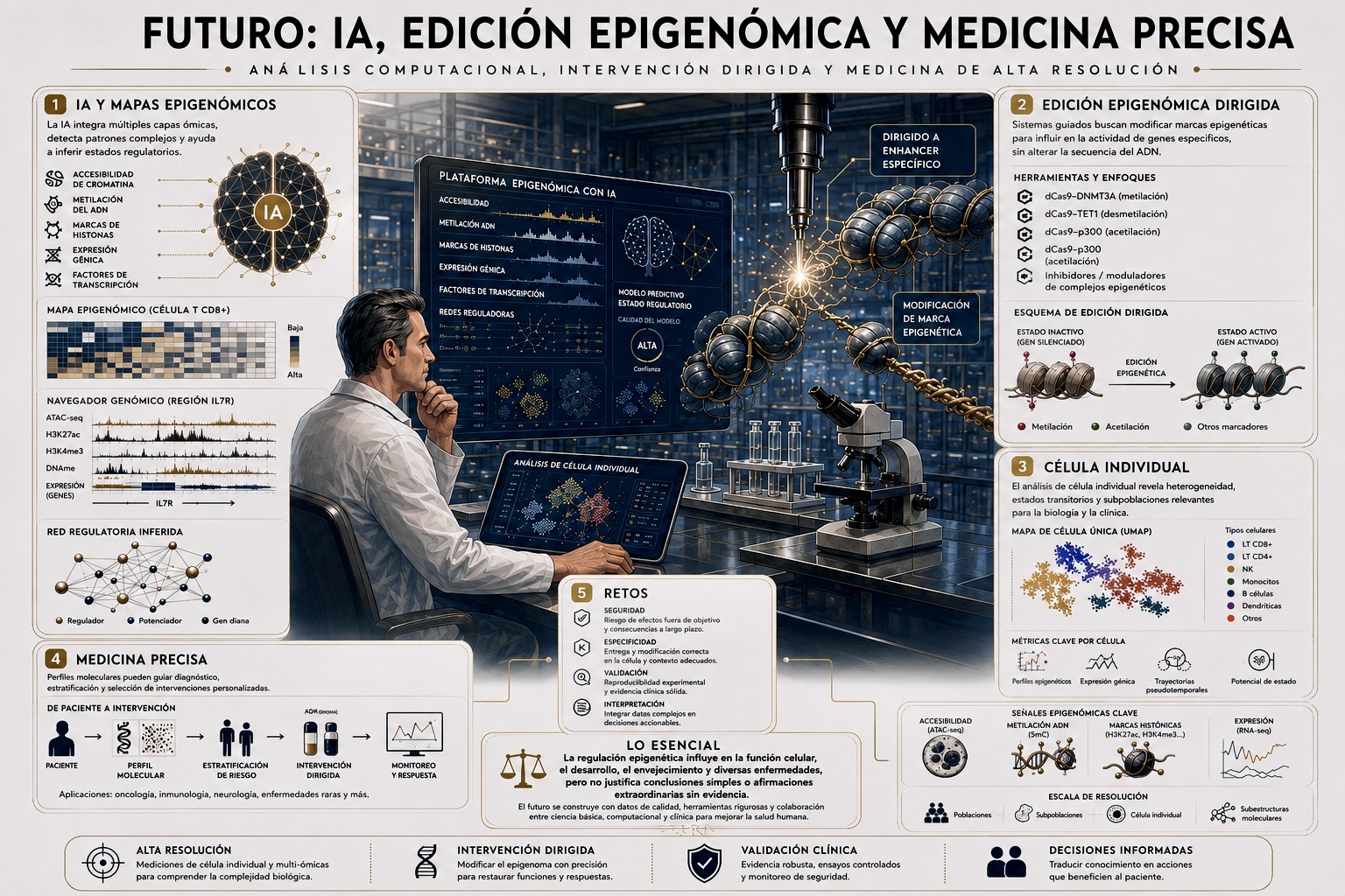 Laboratorio futurista sobrio con inteligencia artificial, mapas epigenómicos, edición dirigida y medicina de precisión